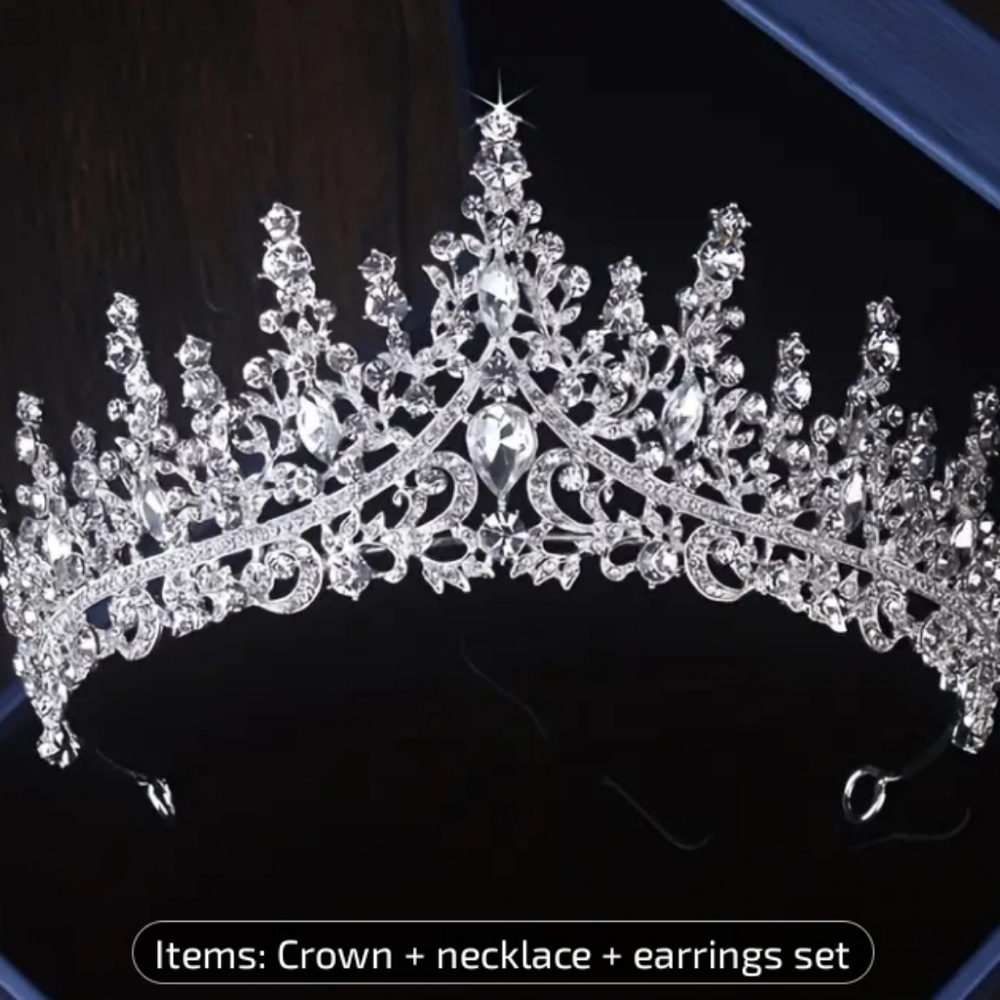 Elegant Silver Tiara Fashion Jewelry Set With Necklace And Earrings. Brand New.